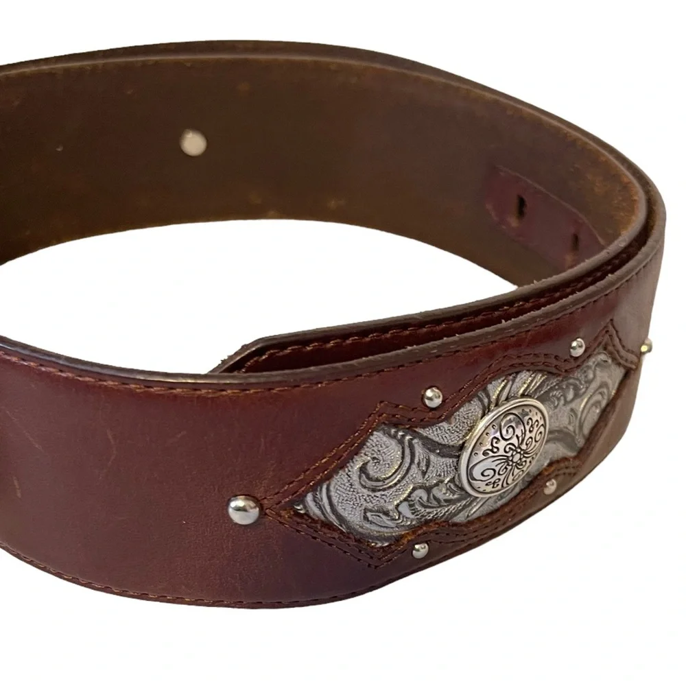 Brighton Brown Leather Western Silver Buckle Belt Size XL - Picture 2 of 7